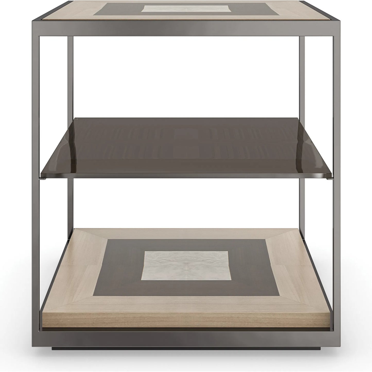 002 SI-2193810 | Additional Silo | Impossible Cube End Table by Caracole in brushed deep bronze, otter, woodland gray, dreamy burl, almost black. Made from poplar, metal, glass, dyed tupelo, japanese sen, madrona burl in a unique style.