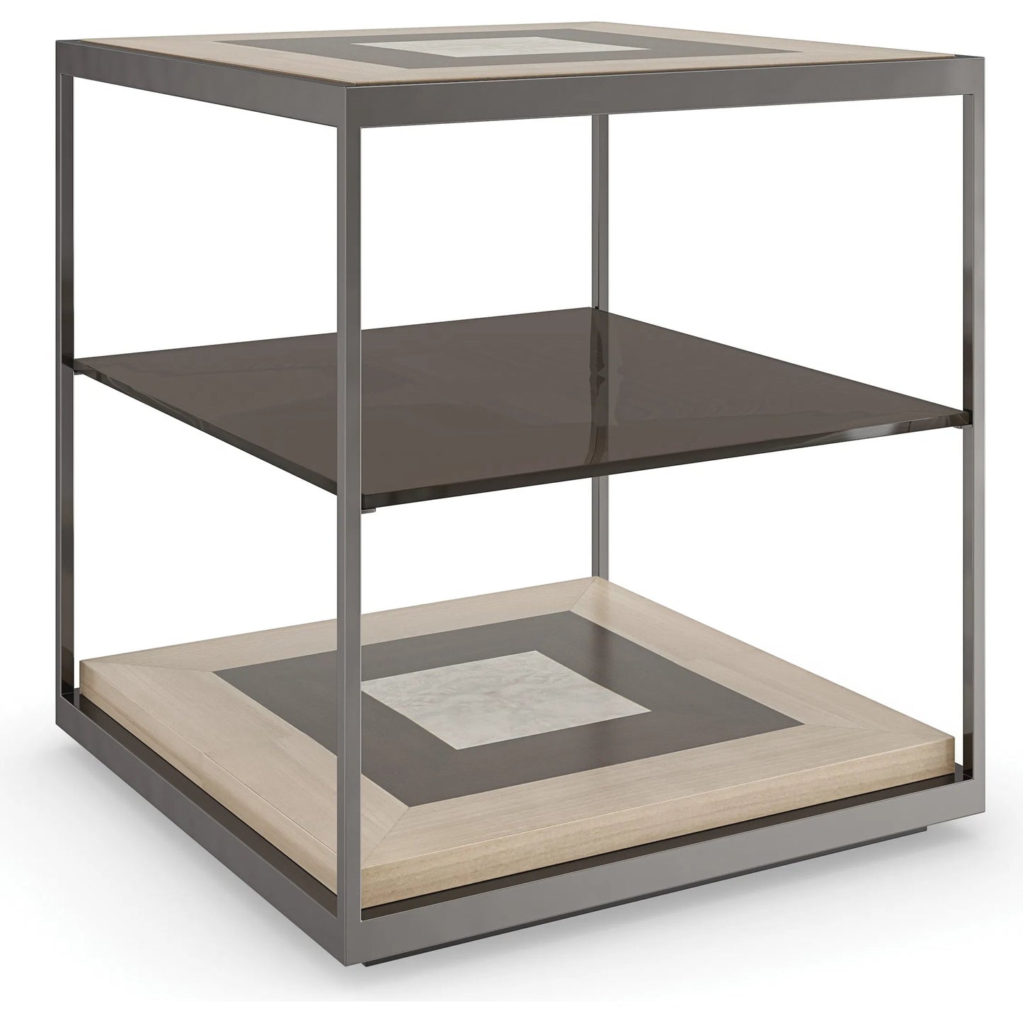 001 SI-2193810 | Primary Silo | Impossible Cube End Table by Caracole in brushed deep bronze, otter, woodland gray, dreamy burl, almost black. Made from poplar, metal, glass, dyed tupelo, japanese sen, madrona burl in a unique style.