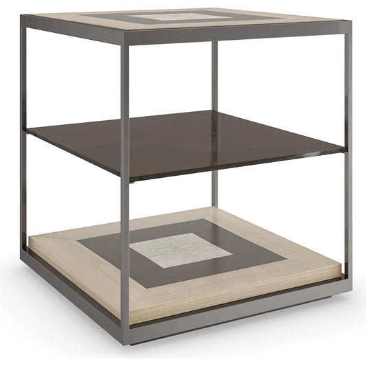 Impossible Cube End Table by Caracole in brushed deep bronze, otter, woodland gray, dreamy burl, almost black. Made from poplar, metal, glass, dyed tupelo, japanese sen, madrona burl in a eclectic & global style.