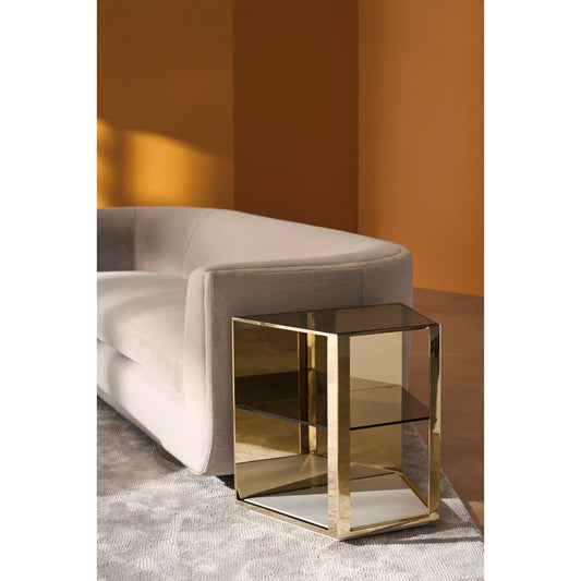 Refraction End Table by Caracole in whisper of gold, oyster. Made from poplar, metal, glass in a modern style.