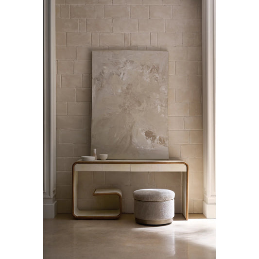 Delano Console by Caracole in ivory parchment, toasted sycamore. Made from poplar, parchment in a unique style.