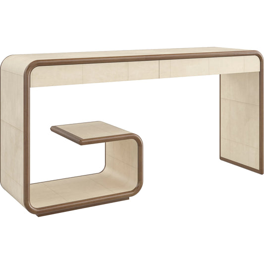 001 SI-2193817 | Primary Silo | Delano Console by Caracole in ivory parchment, toasted sycamore. Made from poplar, parchment in a unique style.