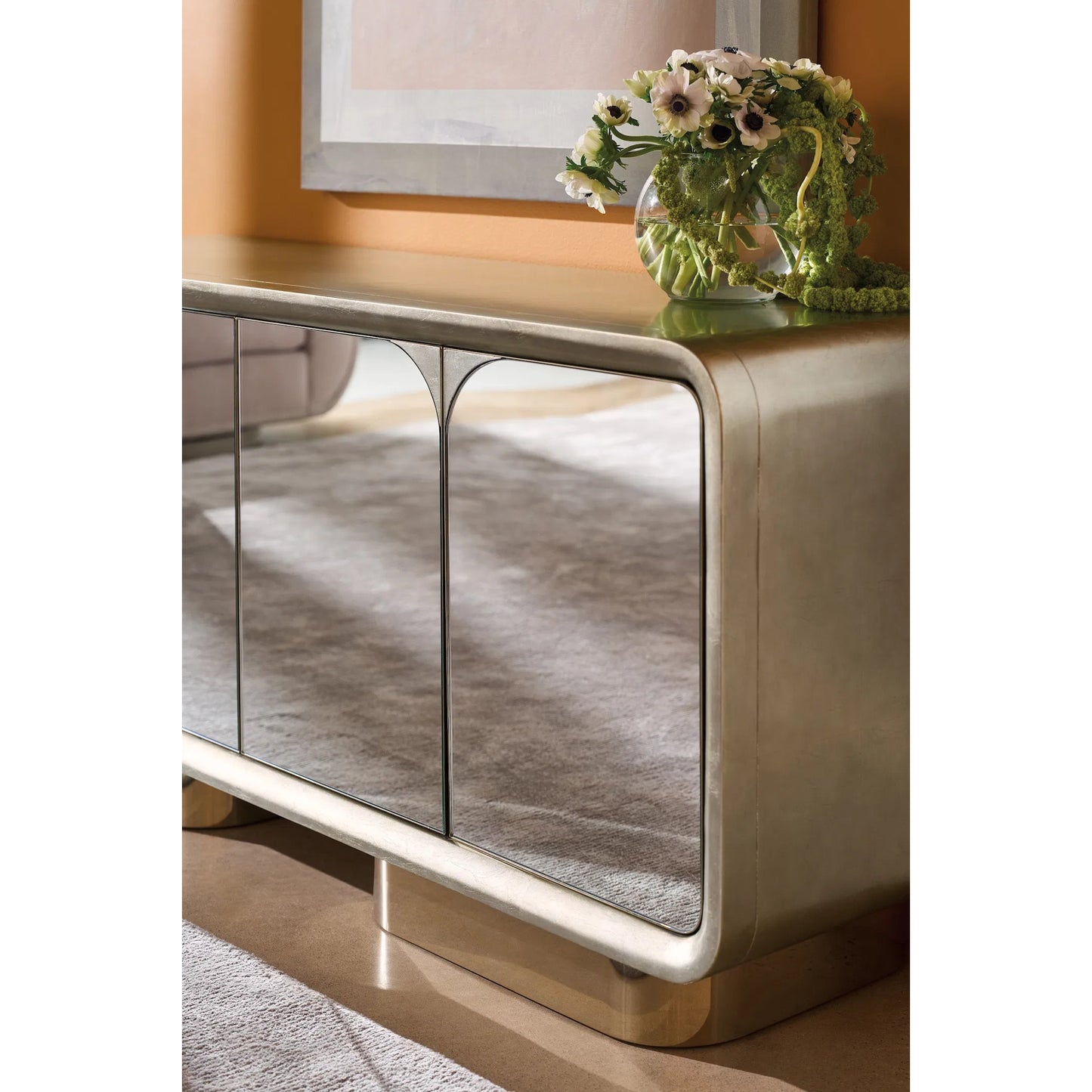 007 SI-2193819 | Lifestyle | Aero Media Console by Caracole in charcoal leaf, whisper of gold. Made from acacia, mirror, metal, birch in a unique style.
