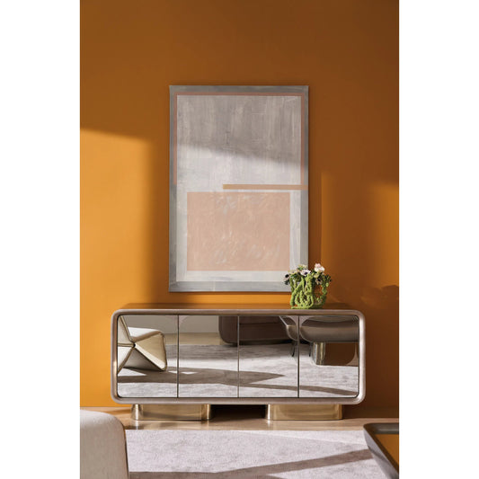 Aero Media Console by Caracole in charcoal leaf, whisper of gold. Made from acacia, mirror, metal, birch in a modern style.