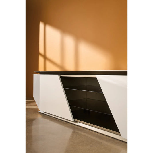 Axis Media Console by Caracole in warm reflections, oyster. Made from acacia, glass in a modern style.