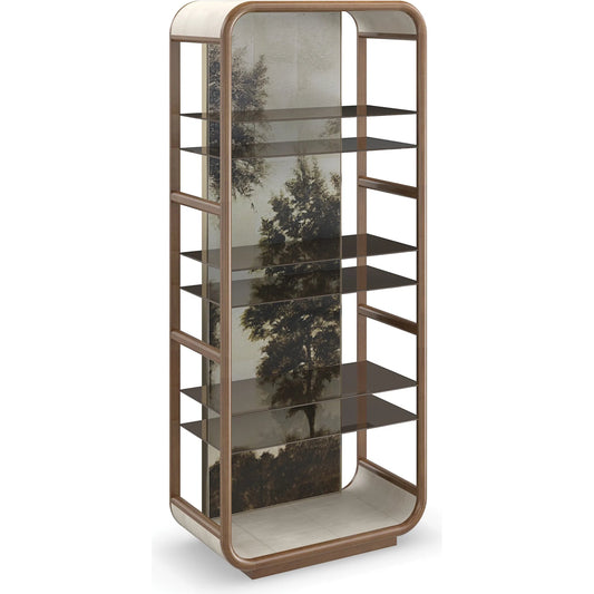 Fairmont Bookcase by Caracole in toasted sycamore, brushed gold, brushed gold paint, ivory parchment. Made from asian hardwood, metal, glass in a transitional style.