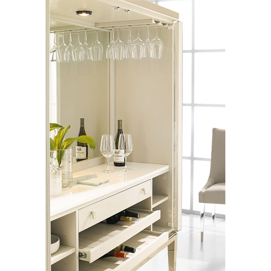 Palms Up! Bar Cabinet by Caracole in gold, ivory and wedding dress white, soft taupe, whisper of gold. Made from pine solids, pine veneers, metal in a transitional style.