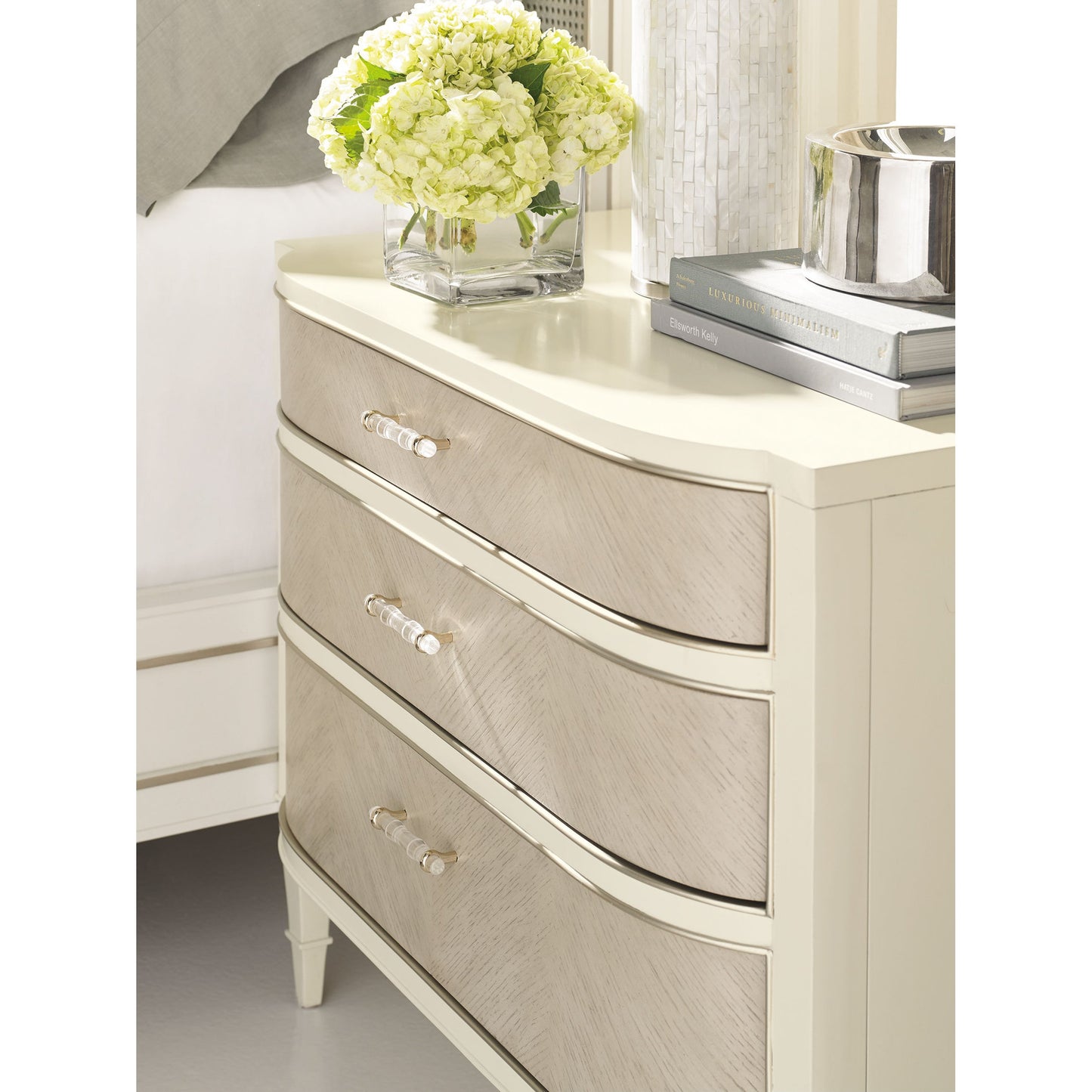 002 SR-768651 | Additional Silo | Dress Code Nightstand by Caracole in gray, ivory and wedding dress white, heron grey, soft taupe, taupe paint. Made from pine solids, quartered oak veneers in a transitional style.