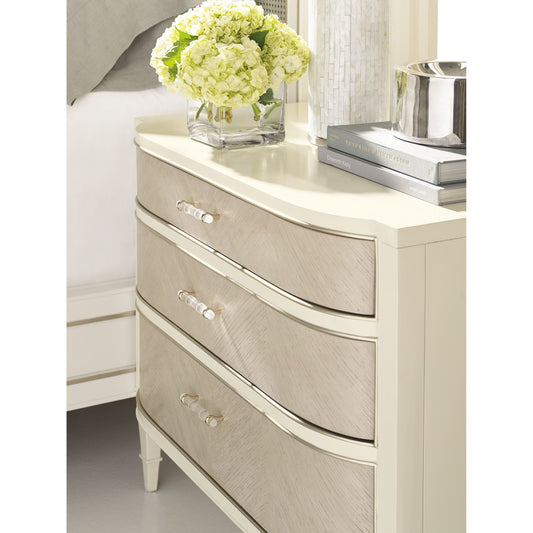 Dress Code Nightstand by Caracole in gray, ivory and wedding dress white, heron grey, soft taupe, taupe paint. Made from pine solids, quartered oak veneers in a transitional style.