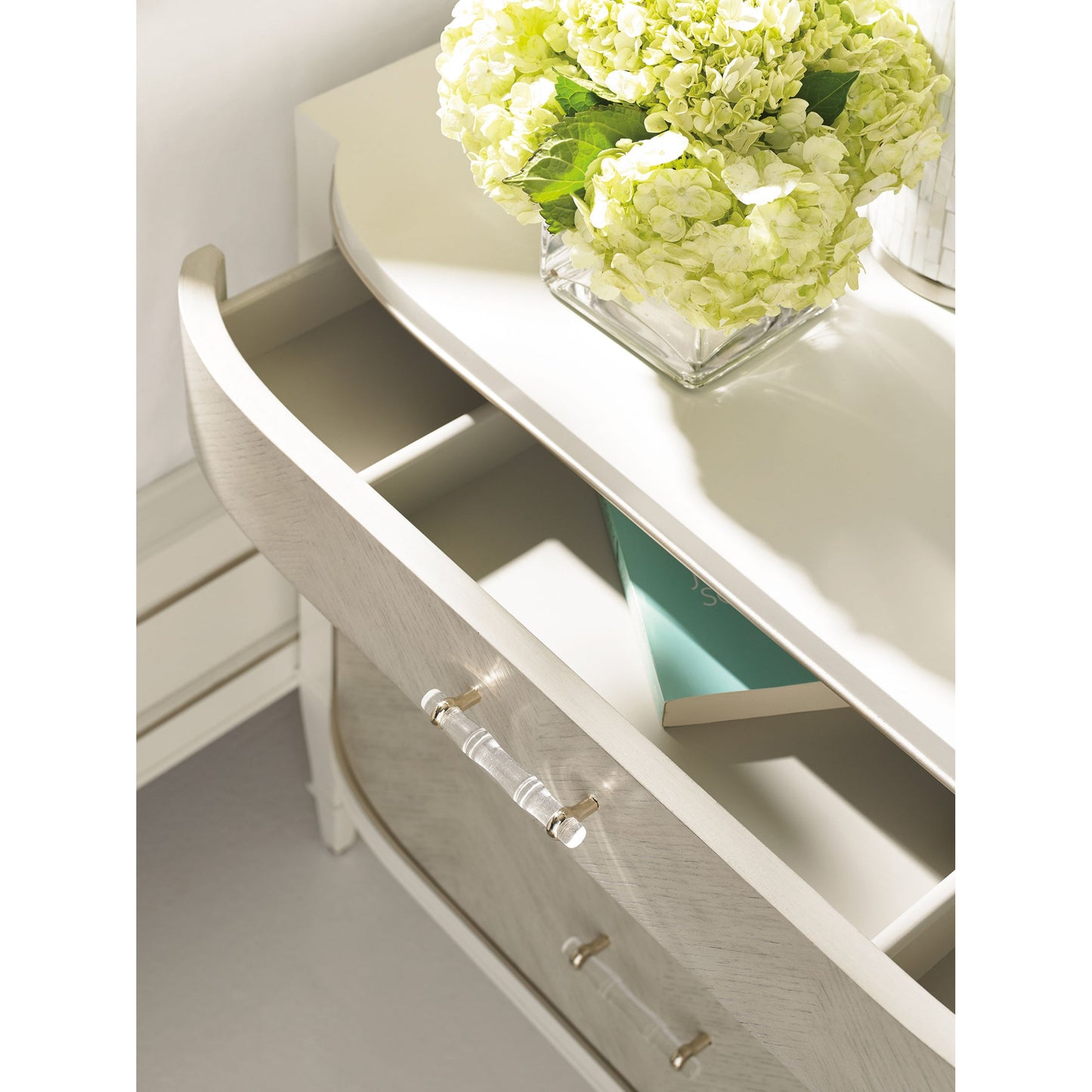 003 SR-768651 | Additional Silo | Dress Code Nightstand by Caracole in gray, ivory and wedding dress white, heron grey, soft taupe, taupe paint. Made from pine solids, quartered oak veneers in a transitional style.