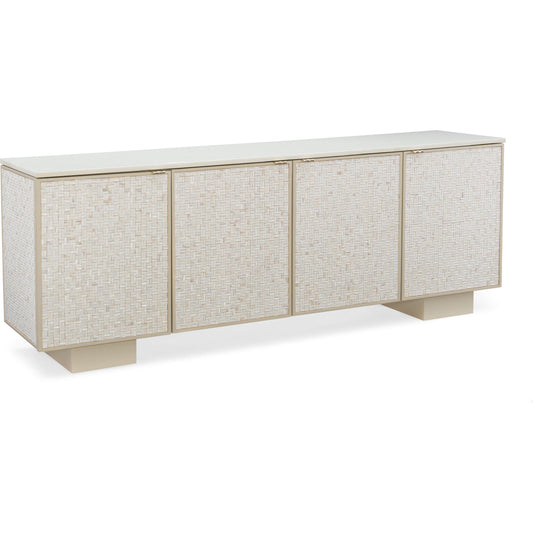 Bombshell Sideboard by Caracole in pearl and soft taupe, stacked shell. Made from pine solids, pine veneers in a modern style.