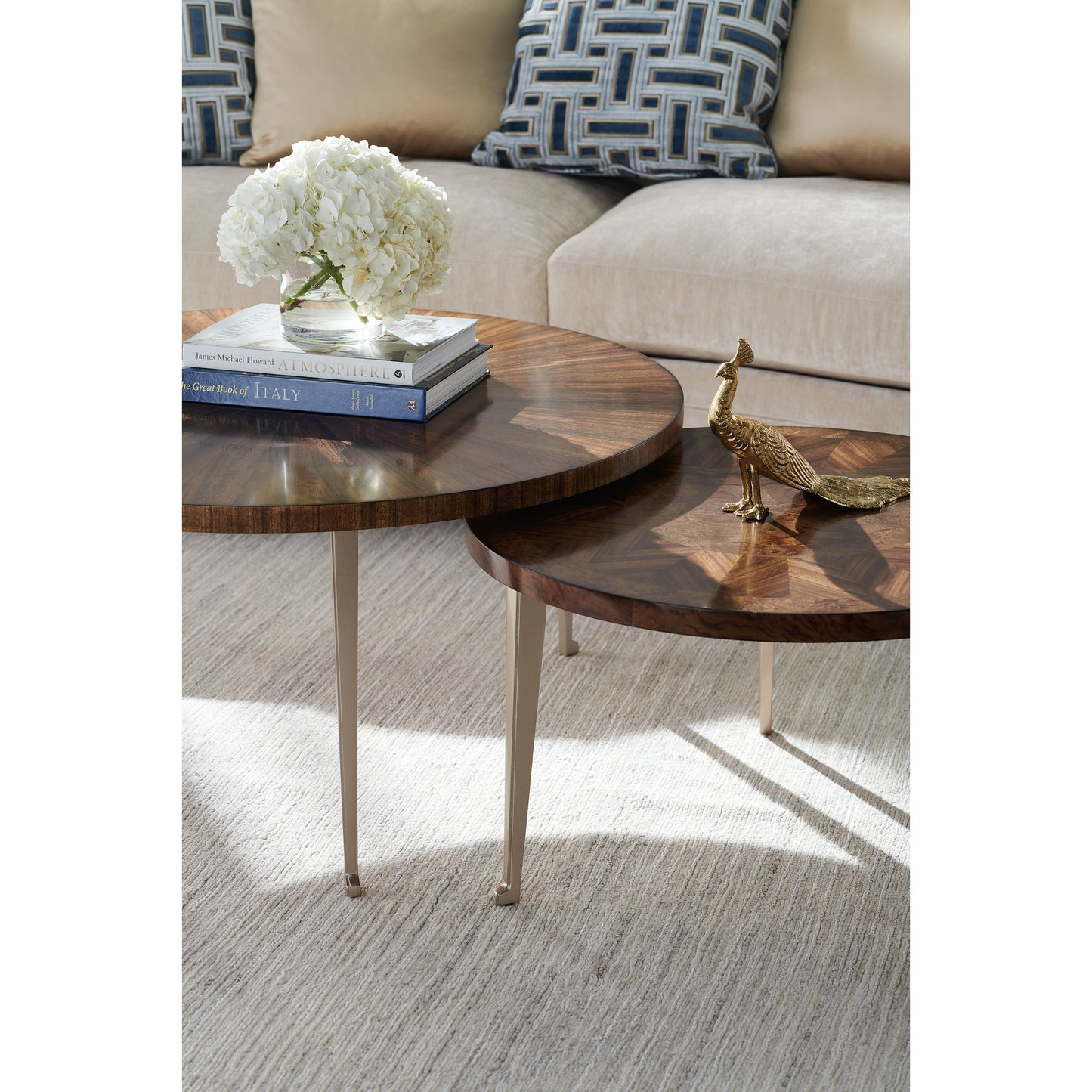005 SR-770577 | Lifestyle | A Whole Bunch Cocktail Table by Caracole in golden shimmer and galway, golden shimmer. Made from birch, quarter paldao in a modern style.