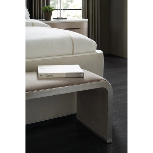 Traverse Upholstered Bench by Caracole in beige and silver driftwood. Made from ash in a transitional style.
