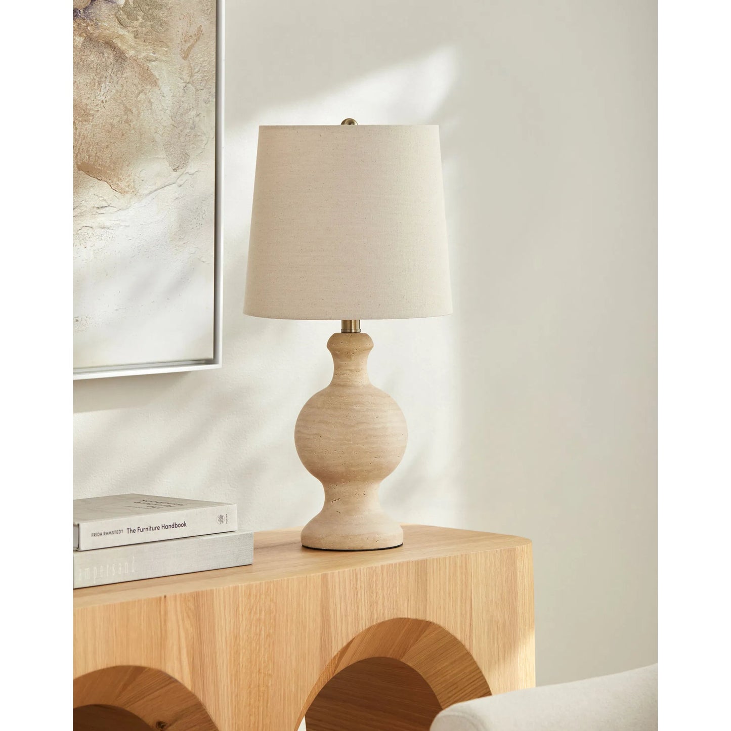 003 SI-2540959 | Lifestyle | Caldera Accent Table Lamp by Surya in cream, translucent, white, metallic brass, taupe and natural, electroplated. Made from travertine, jute, polyester, iron in a unique style.