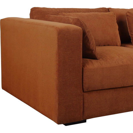 Las Vegas Clive Sofa by LH Imports in terracotta chenille and black. Made from 83% polyester, 17% acrylic, pine, foam, feather fill, plywood in a transitional style.