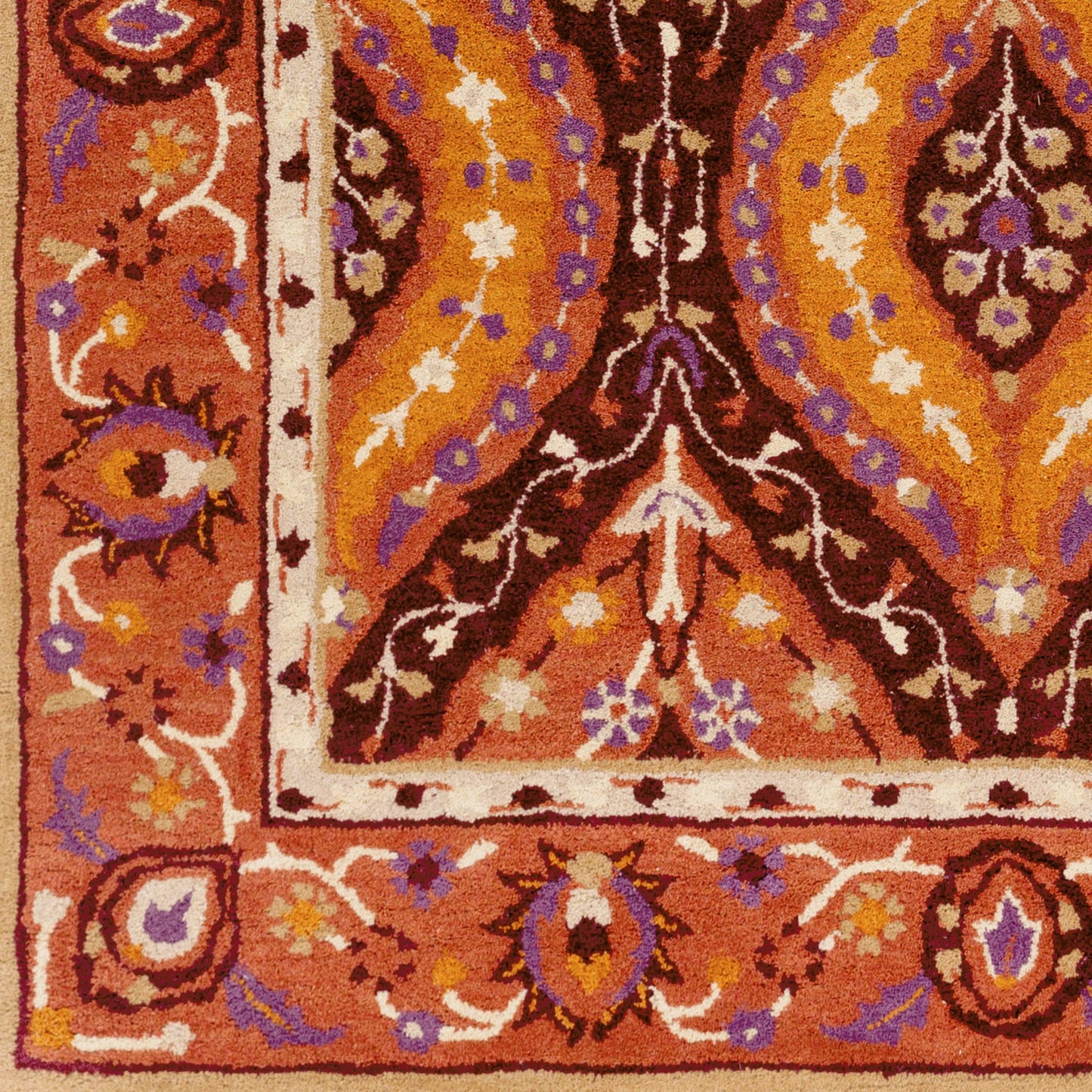 004 79281-27801,79281-27806,79281-27807 | Closeup | Castello Rug - 15548 by Surya in burgandy, camel, rust, medium purple, olive, tan. Made from 100% wool in a unique style.