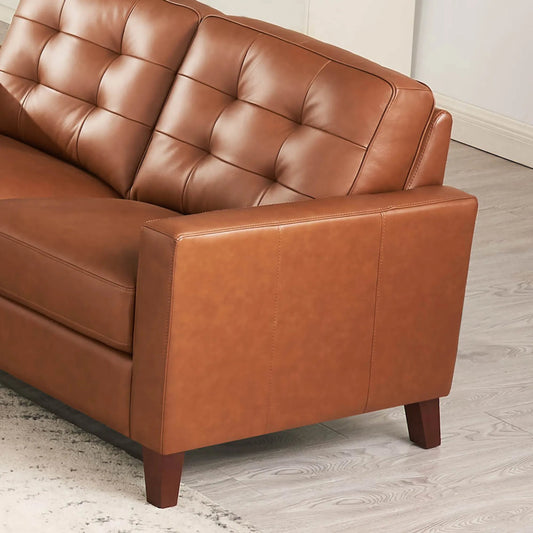 Aiden 2-Seat Leather Sofa by Hydeline in nutmeg brown. Made from leather, pu leather, solid hardwood kiln dried in a traditional style.