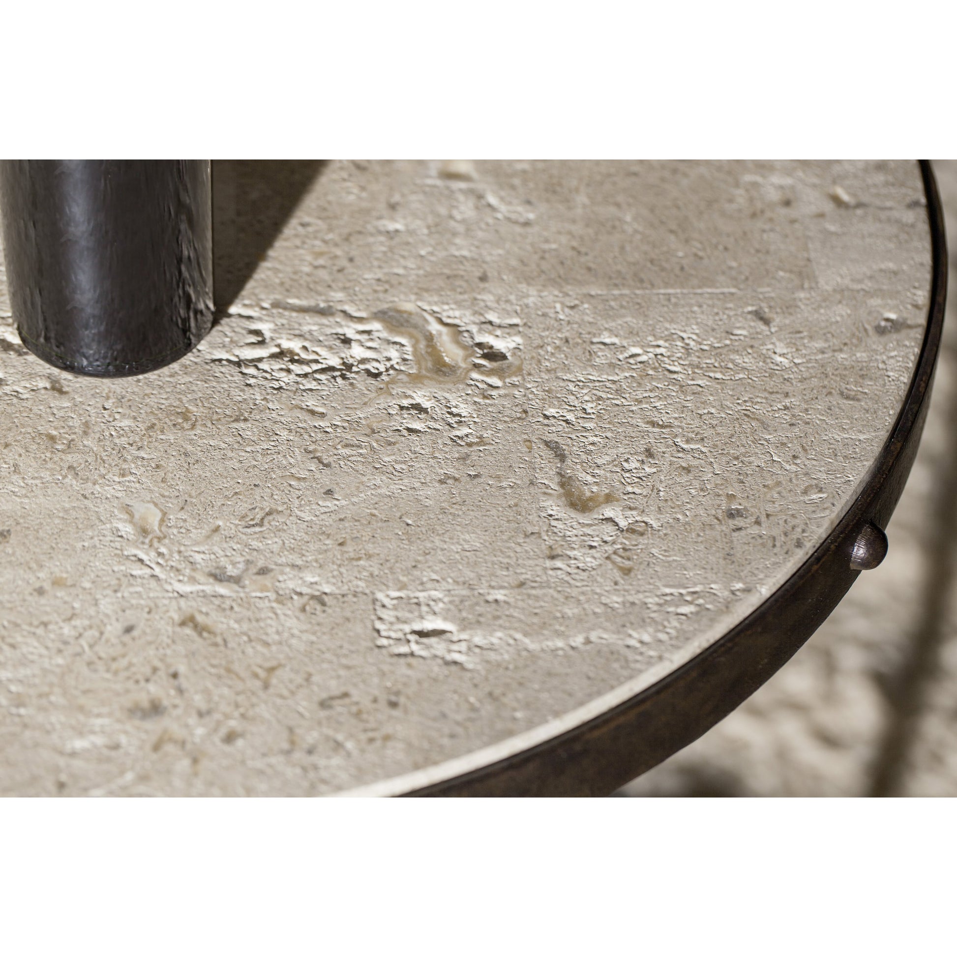 Luckenbach Metal & Stone End Table by Hooker Furniture in black. Made from cast iron, antique travertine in a traditional style.