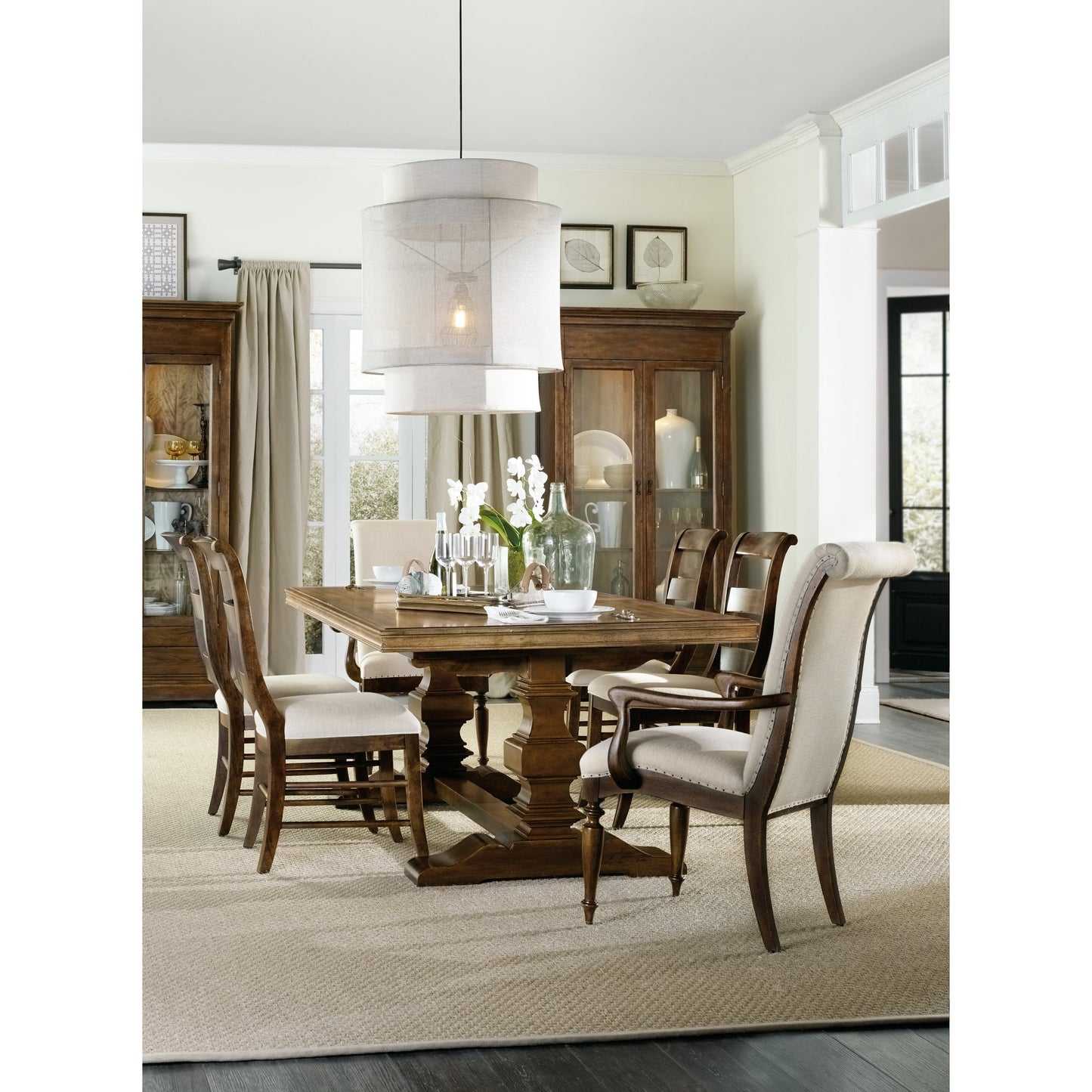 005 SI-1748344 | Lifestyle | Archivist Arm Chair (Set of 2) by Hooker Furniture in beige and pecan, aubergine. Made from fabric, nailheads in a transitional style.