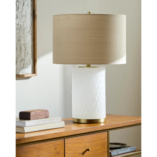 Cancale Accent Table Lamp by Livabliss. Made from glass, iron, linen in a transitional style.