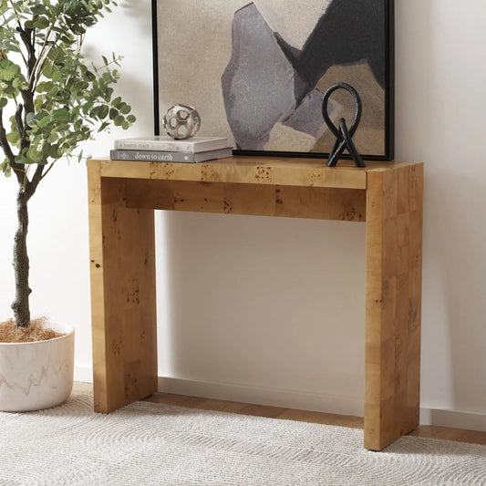 Netawaka Console Table by HedgeApple Essentials in natural. Made from mdf with poplar burl wood veneer in a modern style.