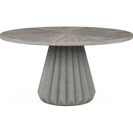 Vault Round Dining Table by A.R.T. Furniture in gray and mink. Made from parawood solids, white oak veneers, resin in a modern style.