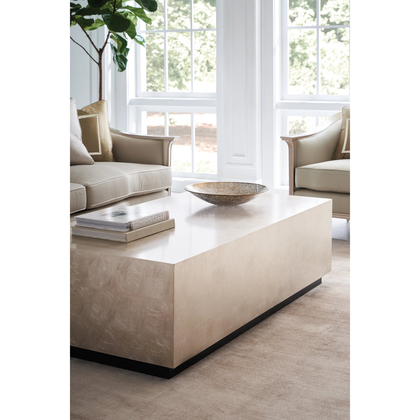 004 SR-768590 | Lifestyle | Cocktail Couture Table by Caracole in silver, taupe and taupe silver leaf, almost black. Made from hardwood solids, veneers, poplar solids in a modern style.