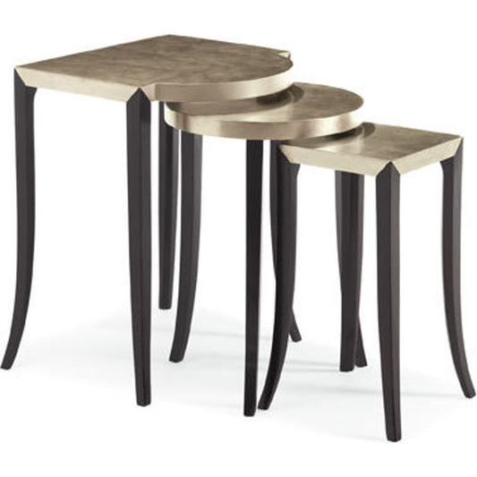 Out & About Nesting Tables (Set of 3) by Caracole in ebony, silver and satin ebony, taupe silver leaf. Made from hardwood solids, veneers, poplar solids in a transitional style.