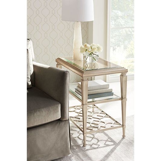 Social Connections Side Table by Caracole in silver and taupe silver leaf. Made from steel, metal, cast iron in a transitional style.