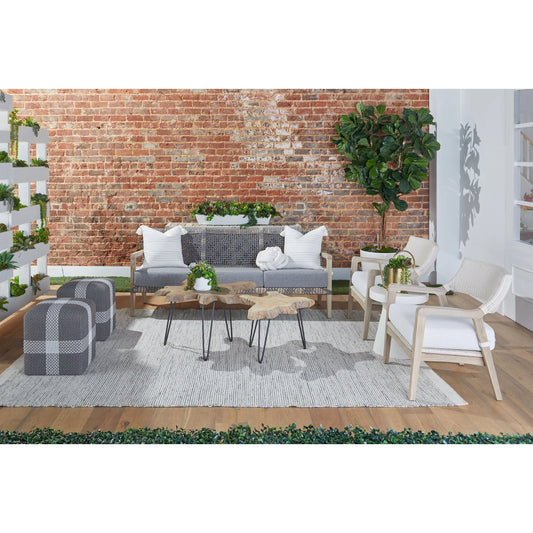 Costa Sofa by Essentials For Living in gray teak, performance dove. Made from solid teak wood, polyolefin rope, 100% olefin fabric, foam in a coastal style.