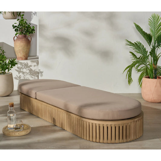 Benewah Sun Lounger by HedgeApple Essentials in natural, brown. Made from eucalyptus wood, iron, spun polyester, polyfiber, fiber padding in a transitional style.