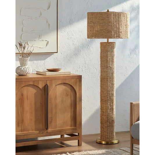 Cirebon Accent Floor Lamp by Surya in translucent, metallic gold, brown. Made from rattan, iron in a rustic style.