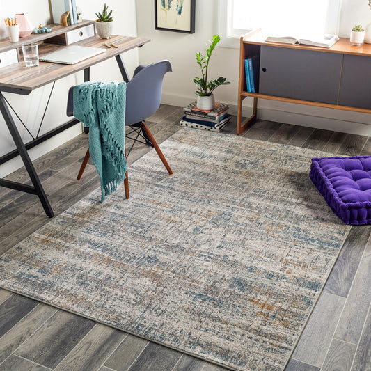 Carmel Rug by Livabliss in light gray, off-white, gray, mustard, brown, blue. Made from 100% polyester in a modern style.
