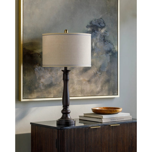 Cory Table Lamp - 528936 by Livabliss in body: brown, base: brown, shade (outside): beige, shade (inside): white, finial: brown, harp: metallic - nickel, cord: translucent and paintedpaintedpainted. Made from resin, linen, iron