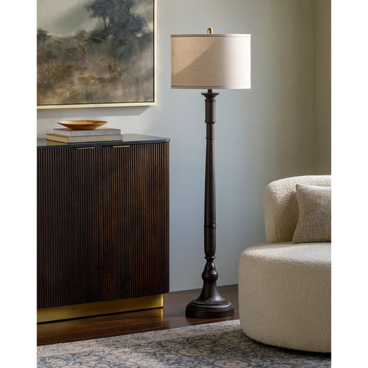 Cory Accent Floor Lamp by Livabliss in body: brown; base: brown; shade (outside): beige; shade (inside): white; finial: brown; harp: metallic - nickel; cord: translucent and paintedpaintedpainted. Made from resin, linen, iron i