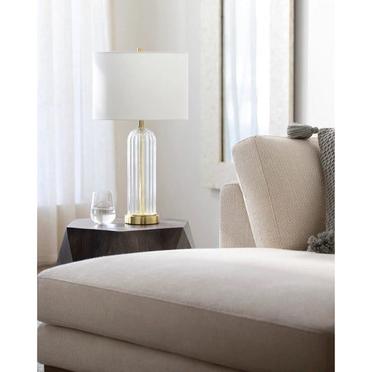 Crassula Accent Lamp - 500293 by Livabliss in clear, brass. Made from body: glass, metal, shade (outside): cotton, finial: metal in a modern style.