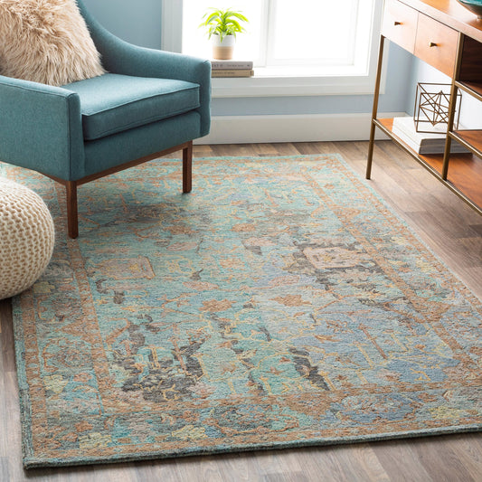 Classic Nouveau Rug - 21606 by Surya in aqua, medium gray, medium green, tan, dark brown, mauve. Made from 100% wool in a unique style.