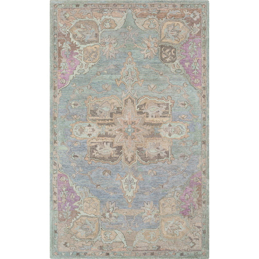 CSN-1010 Rug by Surya in aqua, medium gray, medium green, tan, dark brown, mauve. Made from 100% wool in a unique style.