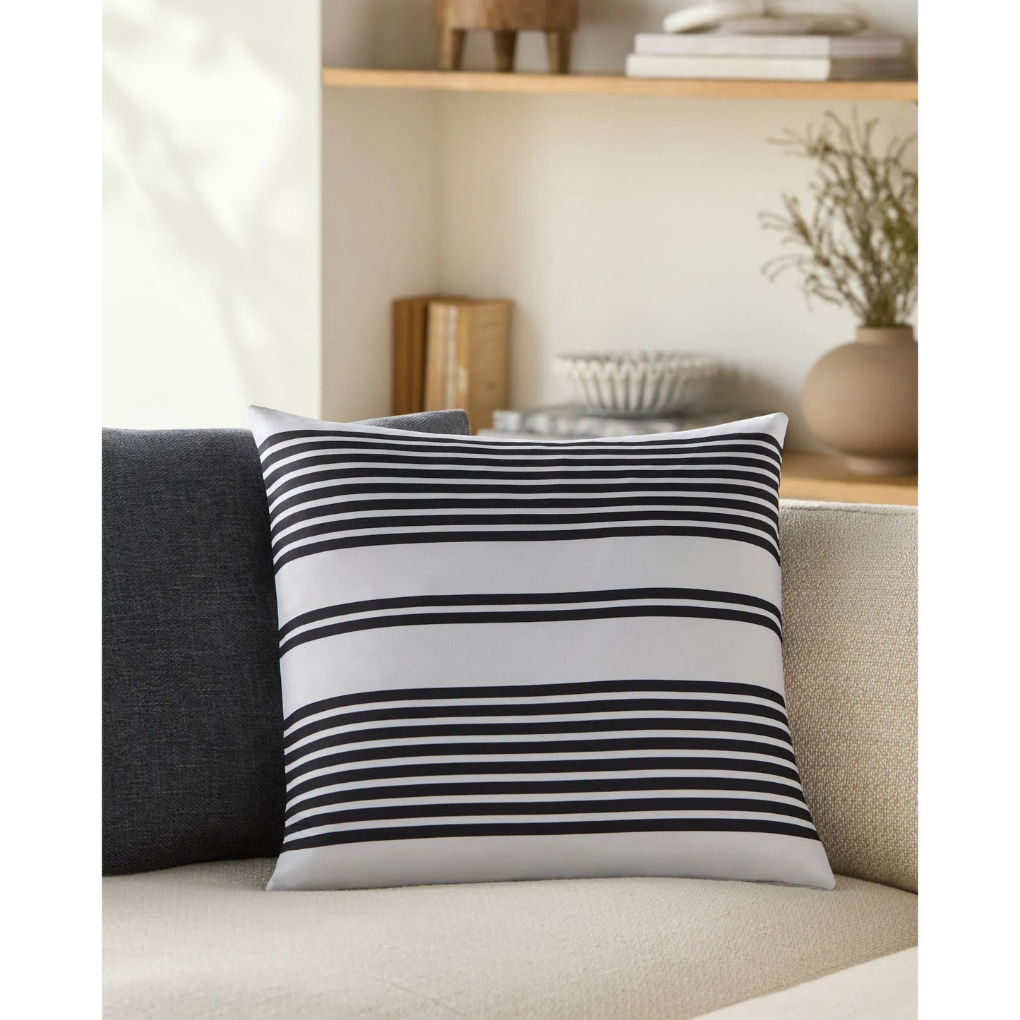 003 SI-2168413,SI-2168414,SI-2168415,SI-2168416,SI-2168417,SI-2168418 | Lifestyle | Classic Stripe Pillow - 533908 by Livabliss in off-white, black. Made from polyester in a modern style.