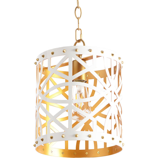 Hayes Pendant by Couture Lamps in white with gold nailheads. Made from metal in a modern style.