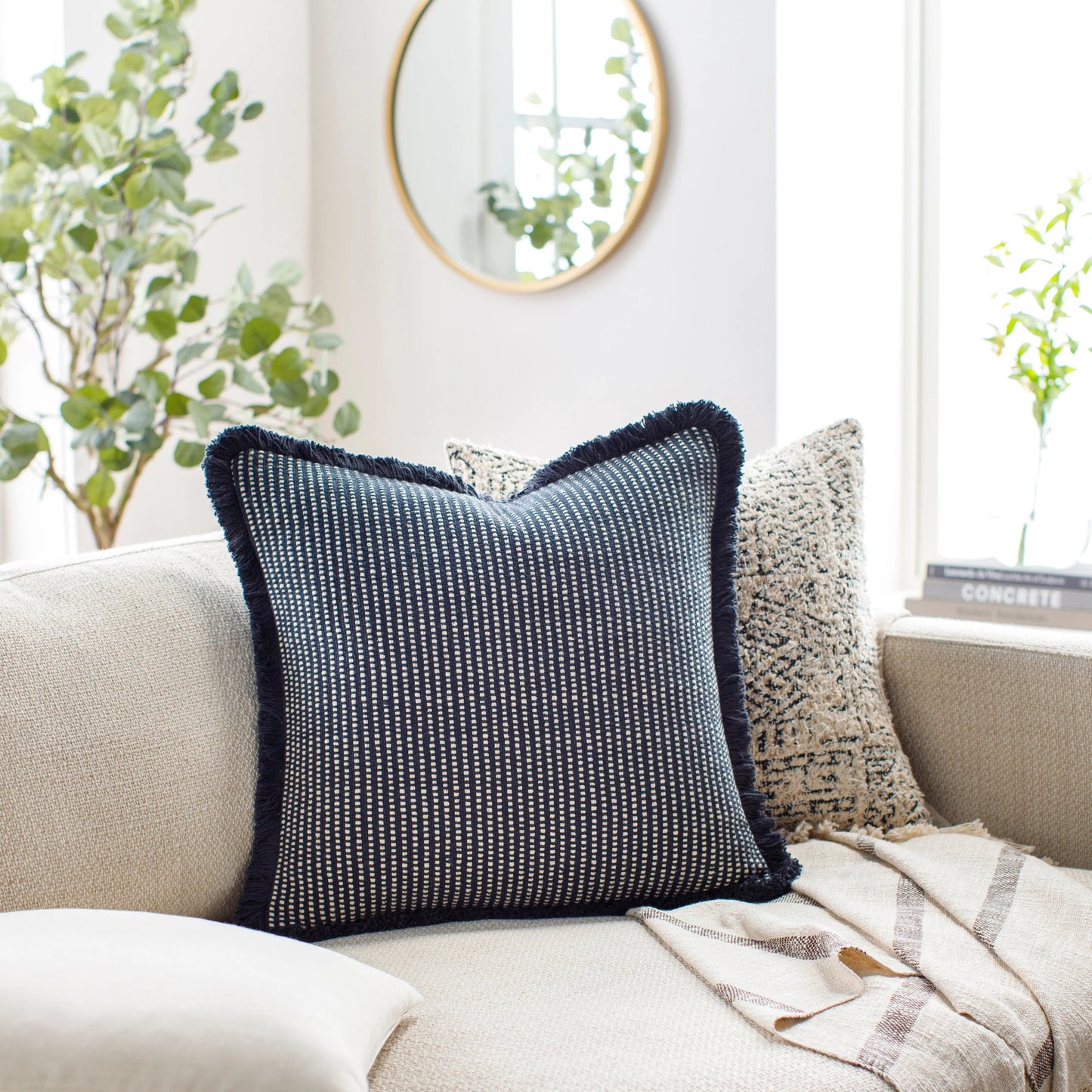 001 SI-1915732,SI-1915733 | Lifestyle | Cotton Fringe Pillow - 32931 by Livabliss in steel grey, off-white, slate blue, metallic - silver. Made from front: 100% cotton, back: 100% cotton in a cottage & farmhouse style.