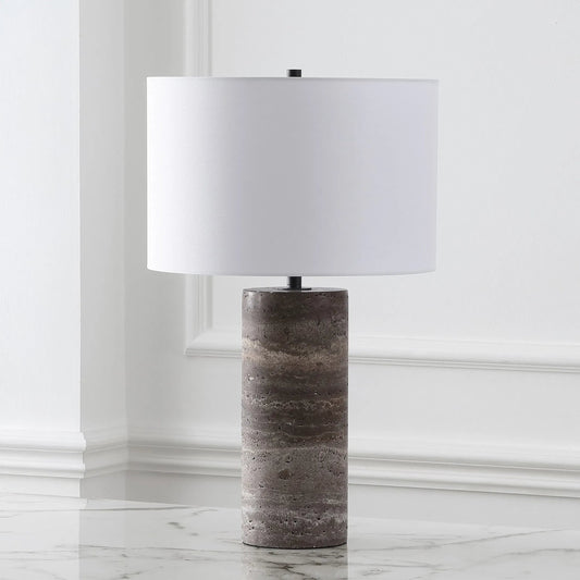 Washakie Travertine Table Lamp by HedgeApple Essentials. Made from iron, gold shade: linen (100% cotton) in a modern style.