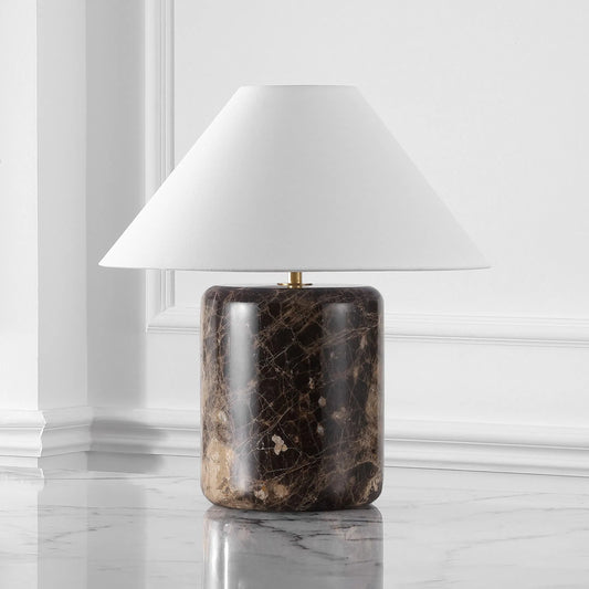 Coamo Table Lamp by HedgeApple Essentials in dark brown, white. Made from iron, brass, shade: linen (100% cotton) in a modern style.