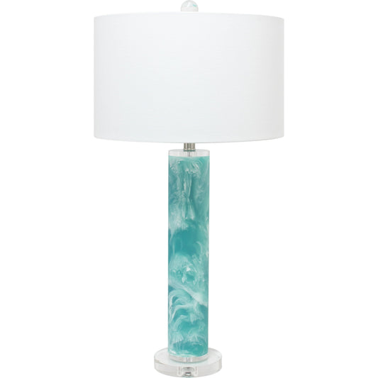 Islamdora Table Lamp by Couture Lamps in marbled white & sky blue. Made from resin, optic crystal in a coastal style.