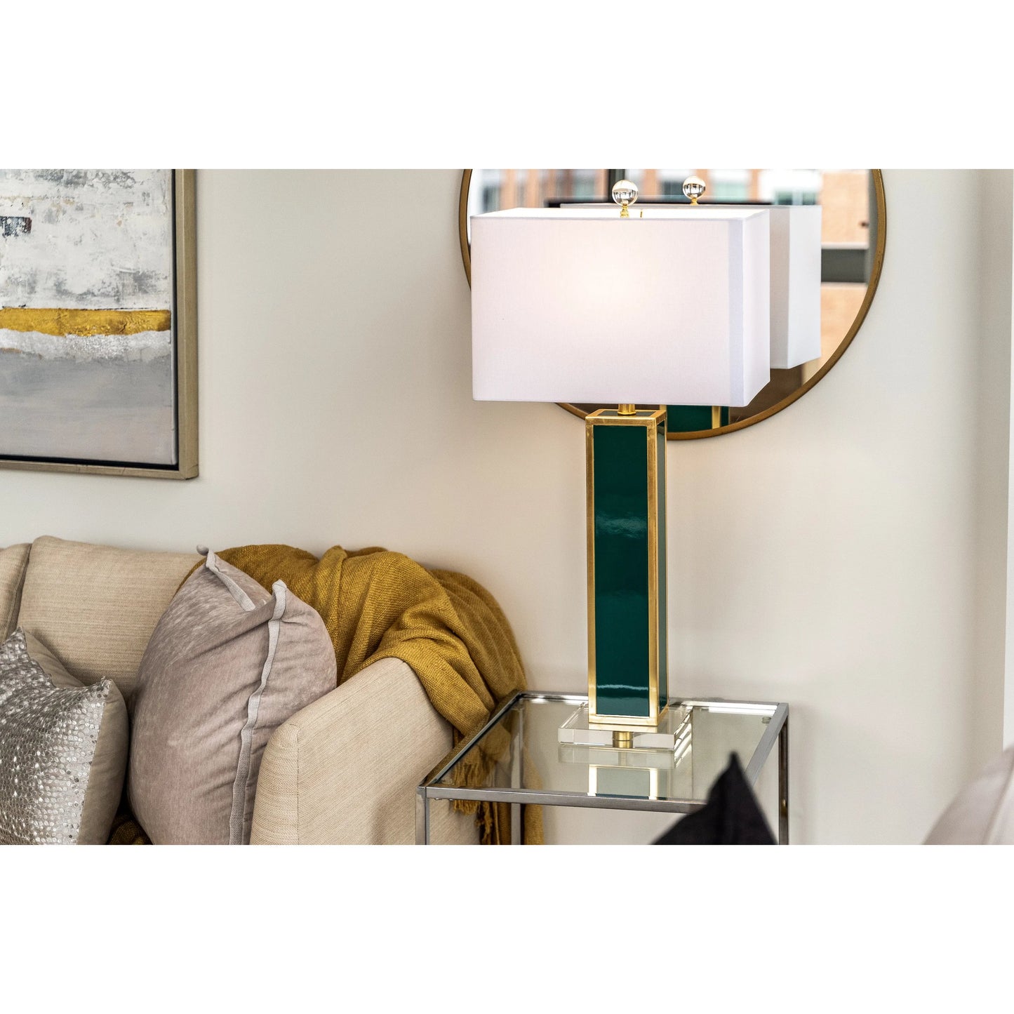 011 SI-2448476 | Lifestyle | Blair Table Lamp by Couture Lamps in calypso blue, silver leaf. Made from resin, mdf, crystal, linen in a unique style.