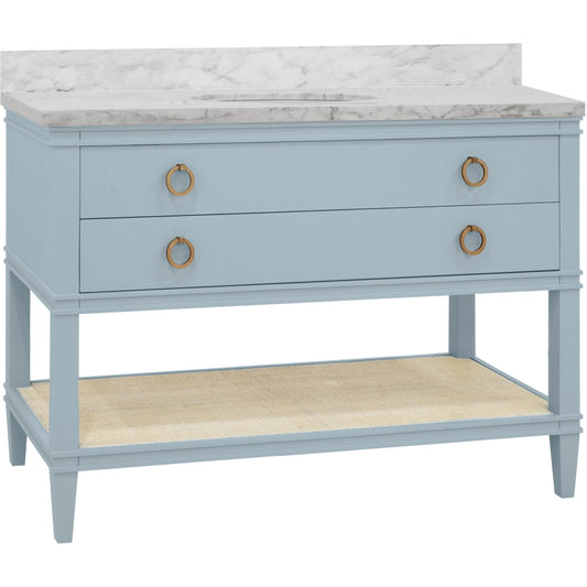 029 SI-2461274 | Primary Silo | Cutler 48" Bath Vanity by Worlds Away in blue. Made from hardwood solids, mdf, veneer, rattan, metal, marble, porcelain in a transitional style.