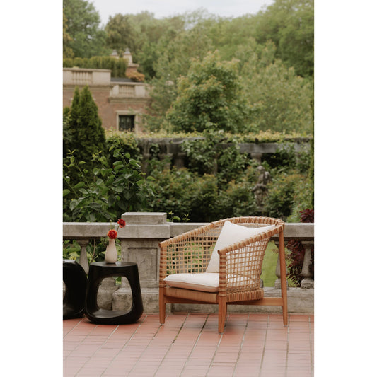 Kuna Outdoor Lounge Chair by Moe's Home Collection in natural. Made from solid teak frame with lloyd loom weave, 100% polyester upholstery, foam cushion in a cottage & farmhouse style.