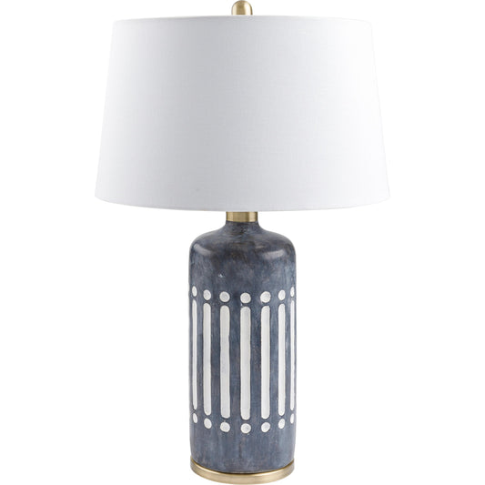 Covea Accent Lamp - 498970 by Surya in translucent, gray, white, metallic gold, metallic brass and antiqued. Made from body: cement, base: metal, shade (outside): linen, shade (inside): polyester, finial: metal in a modern s