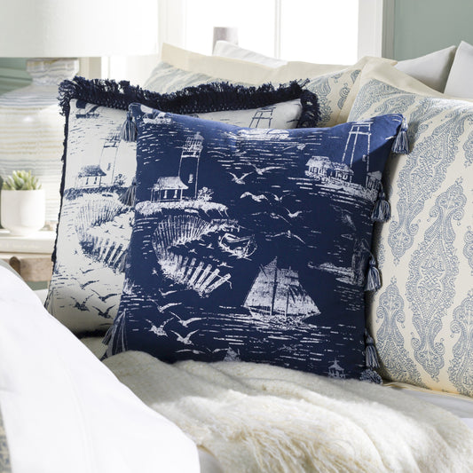 Castaway Pillow - 28622 by Surya in ink blue, off-white, dark blue. Made from 100% cotton in a coastal style.