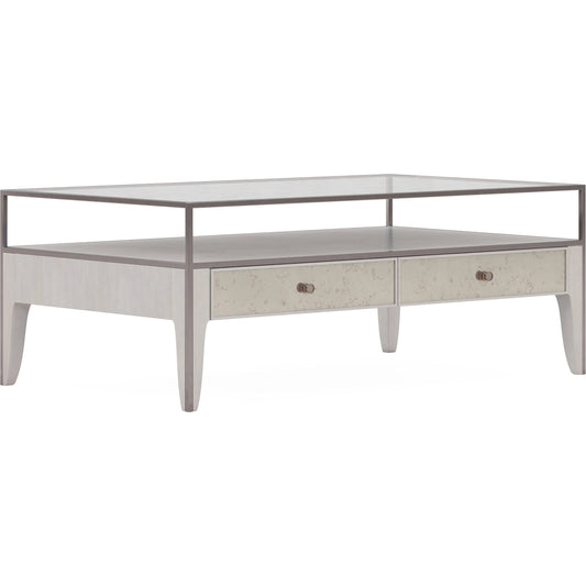 Mezzanine Rectangular Cocktail Table by A.R.T. Furniture in dove gray. Made from parawood, poplar solids, maple veneer, mirror, glass, steel in a modern style.